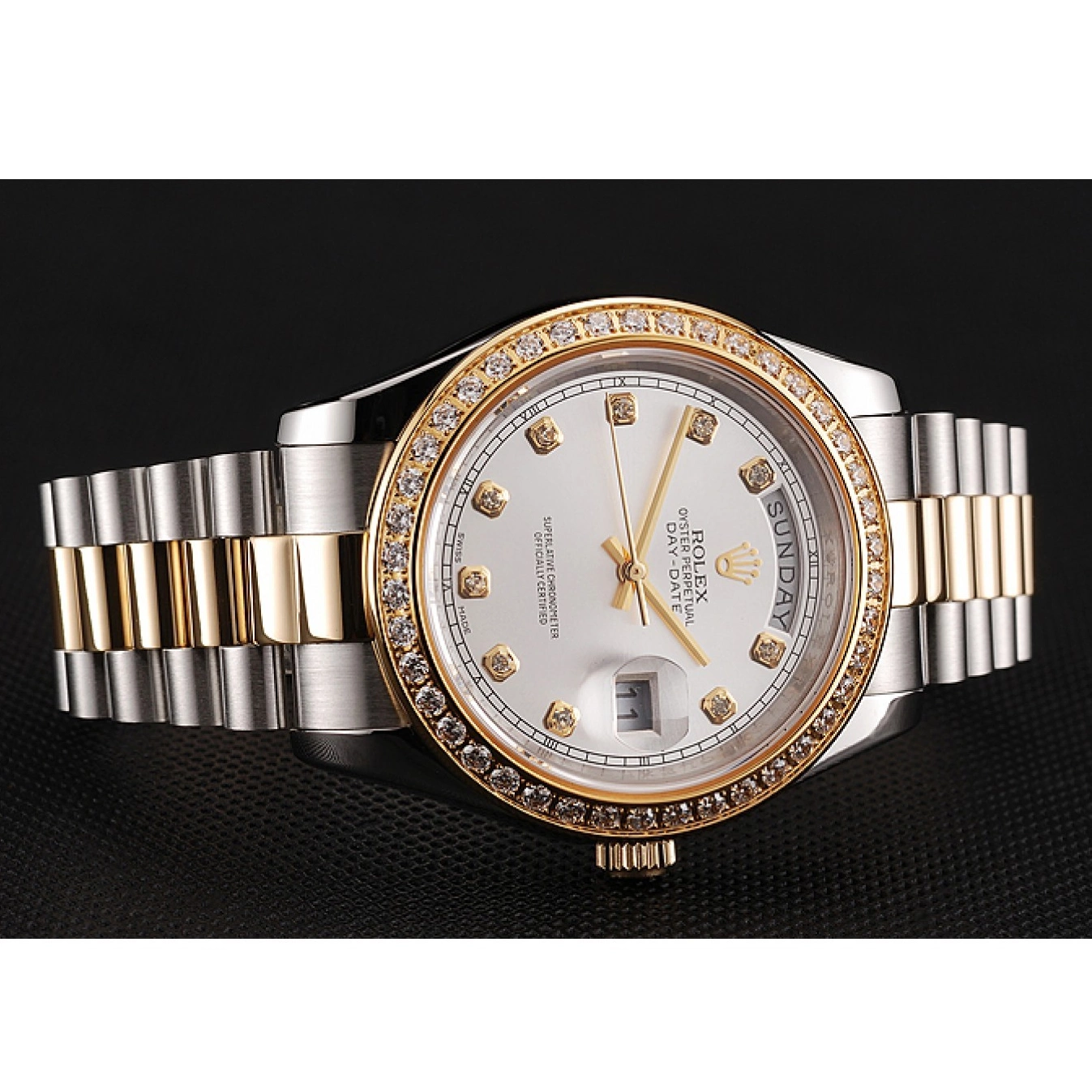 Aaa replica watch Dial Stainless Bracelet Diamond Steel Swiss Case Tone Two Day-Date Rolex White 1453971 Gold 0731